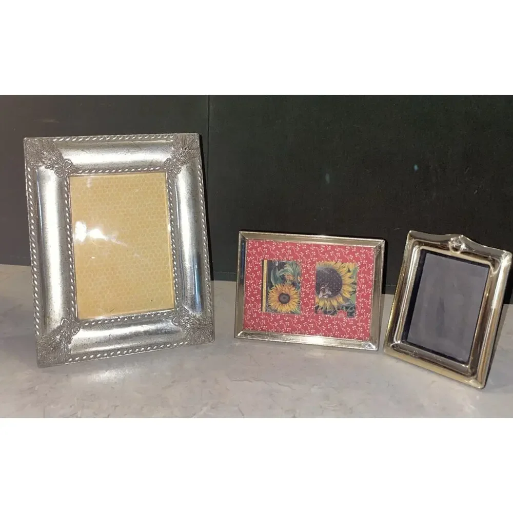 Set 3 Photo Frames Wood Brass Silver Colored Picture Frames Metal 3.5,4”,6.75”